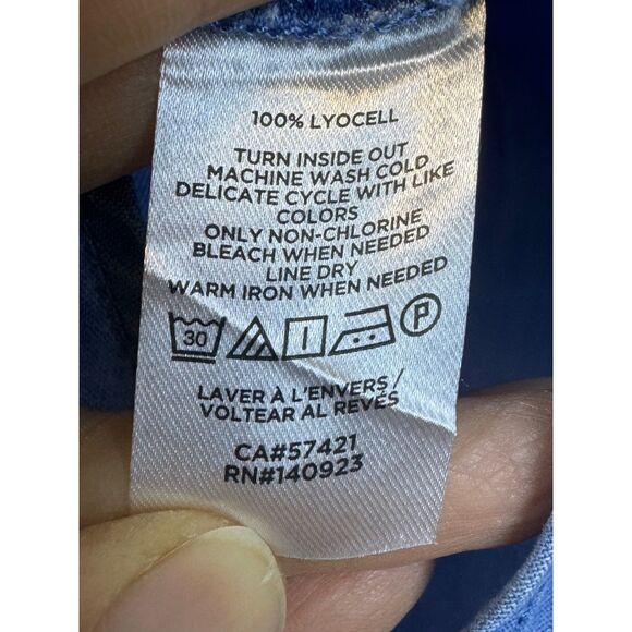 LOFT Pearl Snap Lyocell Chambray Popover Shirt Ruffle Neck, Sz S - Picture 8 of 9